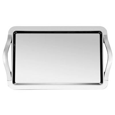 Degrenne Newport stainless steel serving tray with handles styled on a luxury dining table with fine china and silver cloche