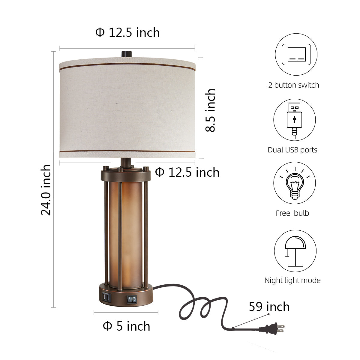 25" Bronze Table Lamp Set with Night Light & USB Ports | Set of 2