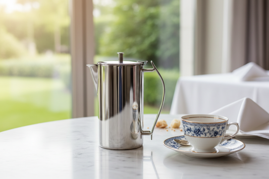 Degrenne Newport Tea Pot styled on luxury breakfast table with fine china cup and saucer