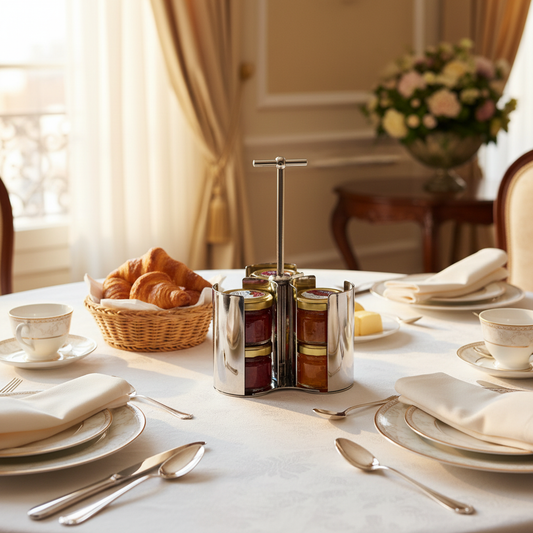 Mepra Minima jam pack holder styled on an elegant breakfast table with fine china, linen and croissants