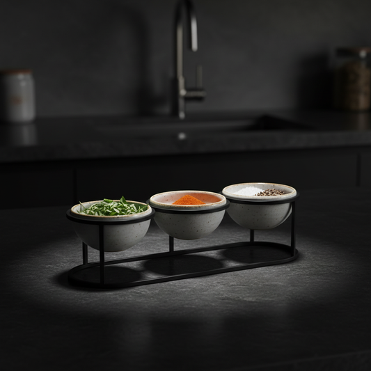 Craster Tilt black triple frame on a dark stone countertop in a modern luxury home kitchen with ceramic bowls of herbs and spices