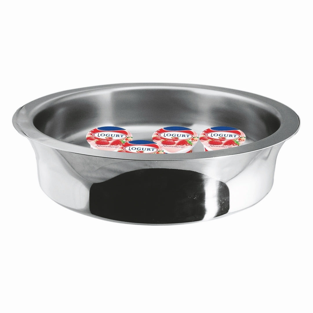 Mepra yogurt cooler stainless steel bowl on luxury marble countertop with yogurt jars and fresh berries