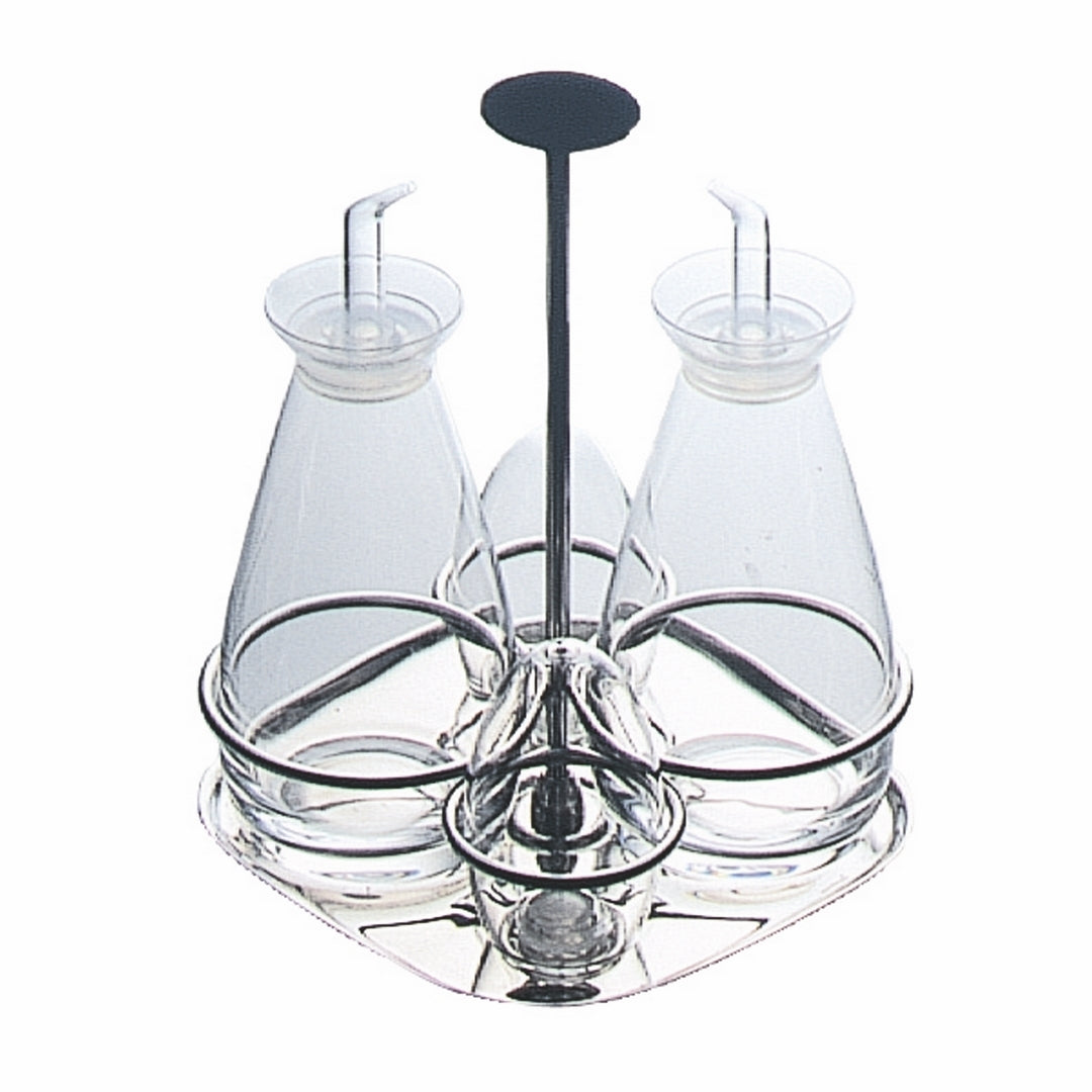 Mepra Grand Hotel 4-piece cruet and salt cellar set with clear glass conical bottles and dark metal stand, white background