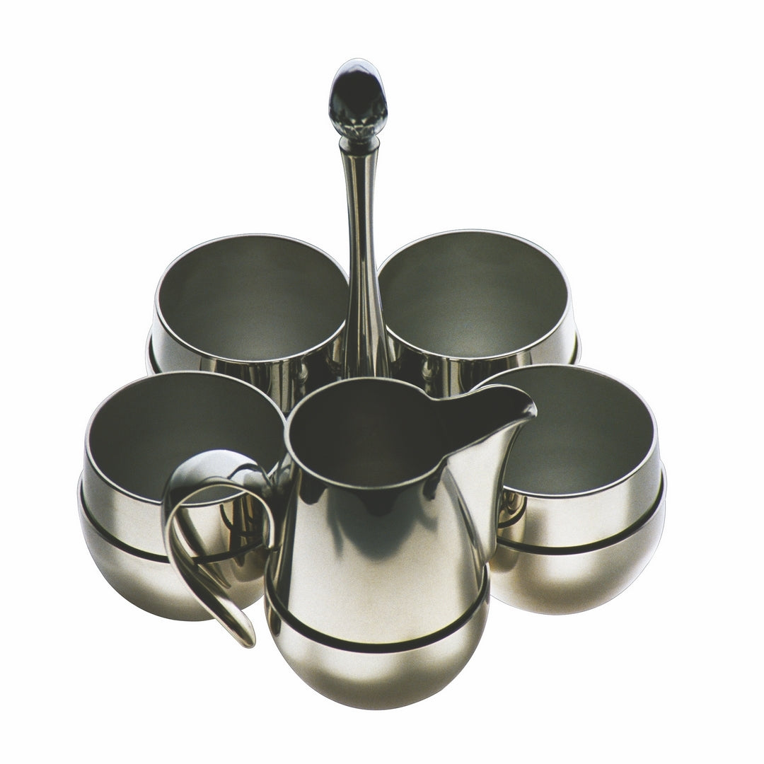 Mepra Palace 5-piece high-polish stainless steel coffee set with creamer and sugar bowls on rotating stand, white background