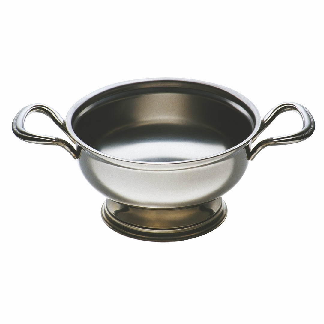 Mepra Soup Tureen with pedestal base, high-polish stainless steel, front view on white background