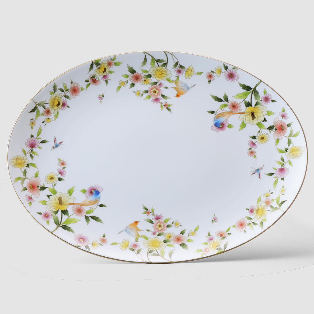 Narumi Ramage Oval Coupe Platter | Fine Porcelain | Floral & Bird Motif | 38cm