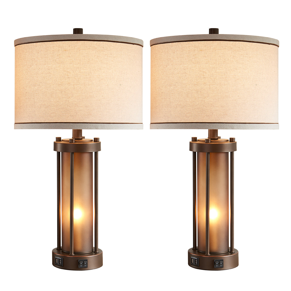 25" Bronze Table Lamp Set with Night Light & USB Ports | Set of 2
