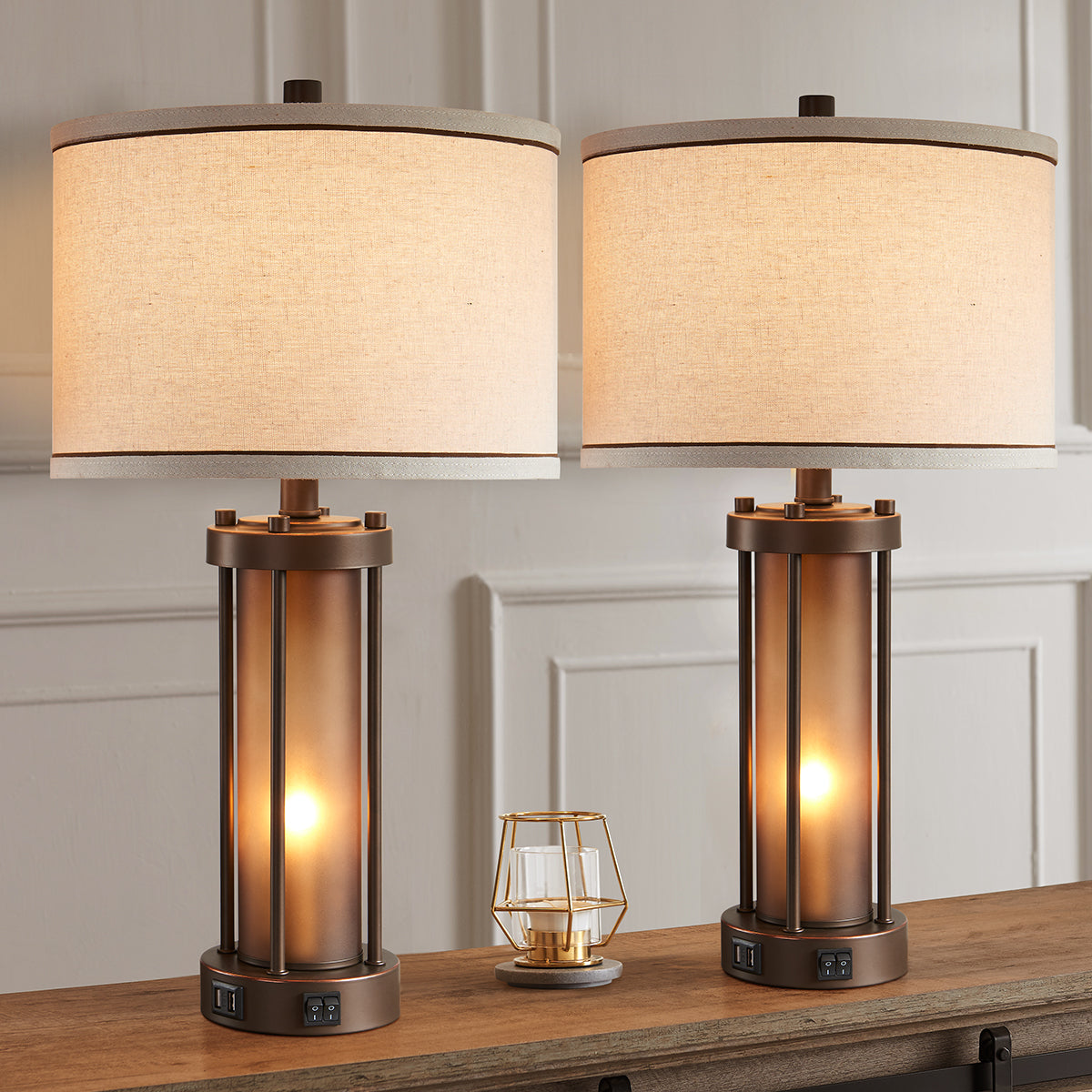 25" Bronze Table Lamp Set with Night Light & USB Ports | Set of 2