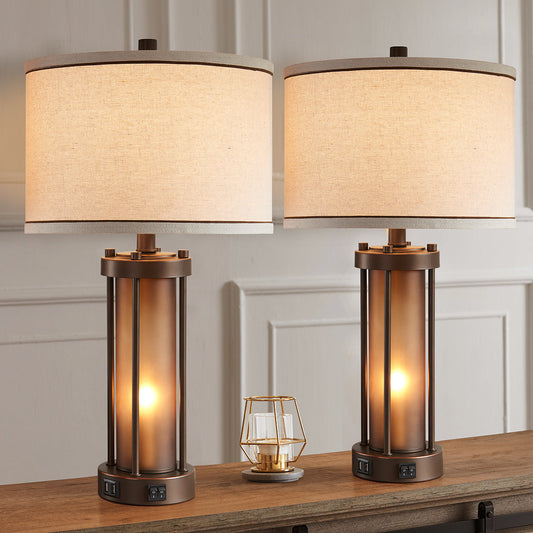 25" Bronze Table Lamp Set with Night Light & USB Ports | Set of 2