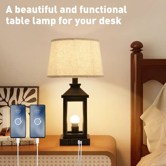 Black & Gold Farmhouse Bedside Table Lamp with USB-C Charging | 20.5"