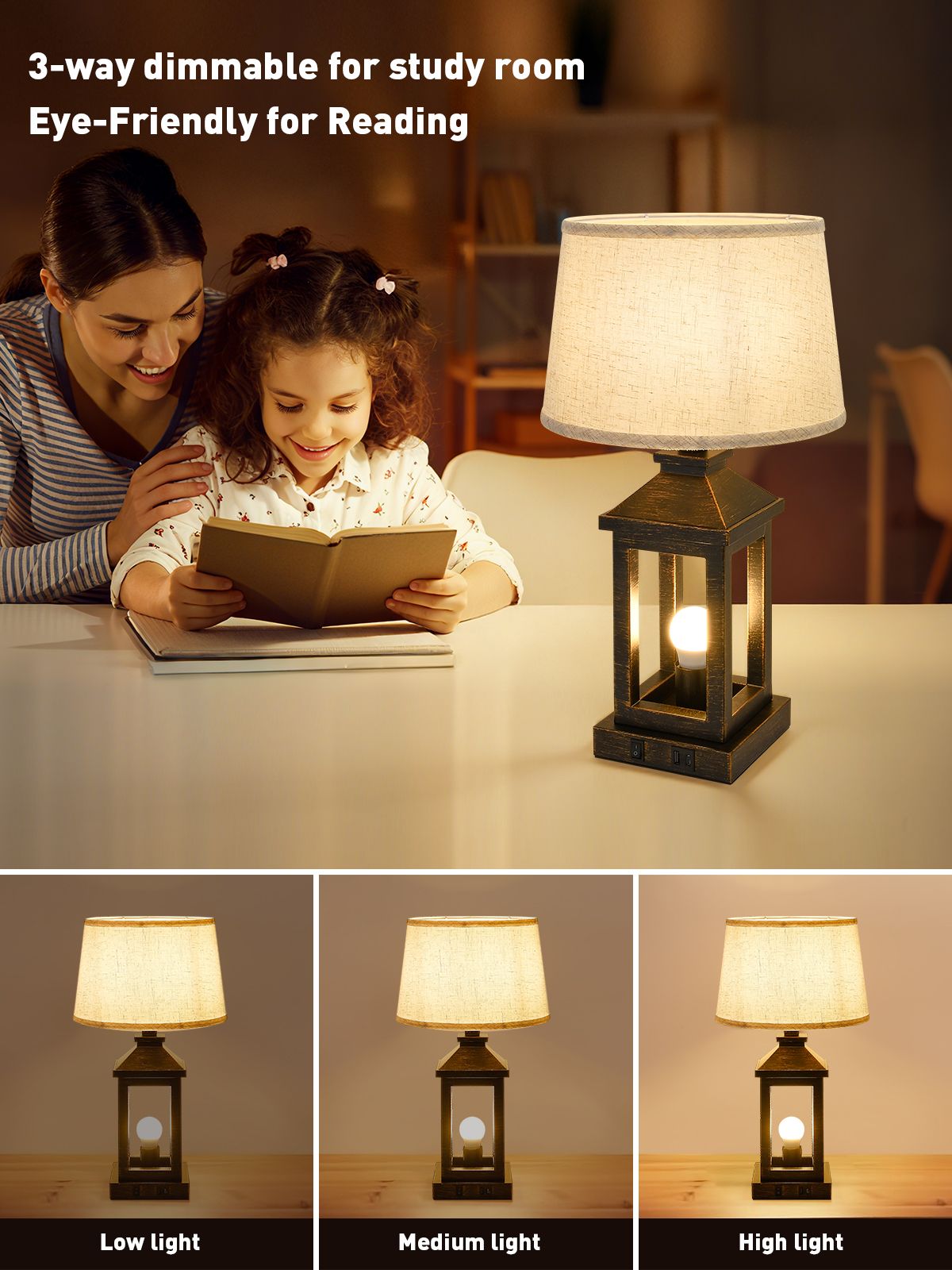 Black & Gold Farmhouse Bedside Table Lamp with USB-C Charging | 20.5"