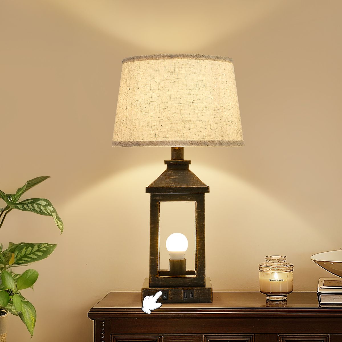 Black & Gold Farmhouse Bedside Table Lamp with USB-C Charging | 20.5"