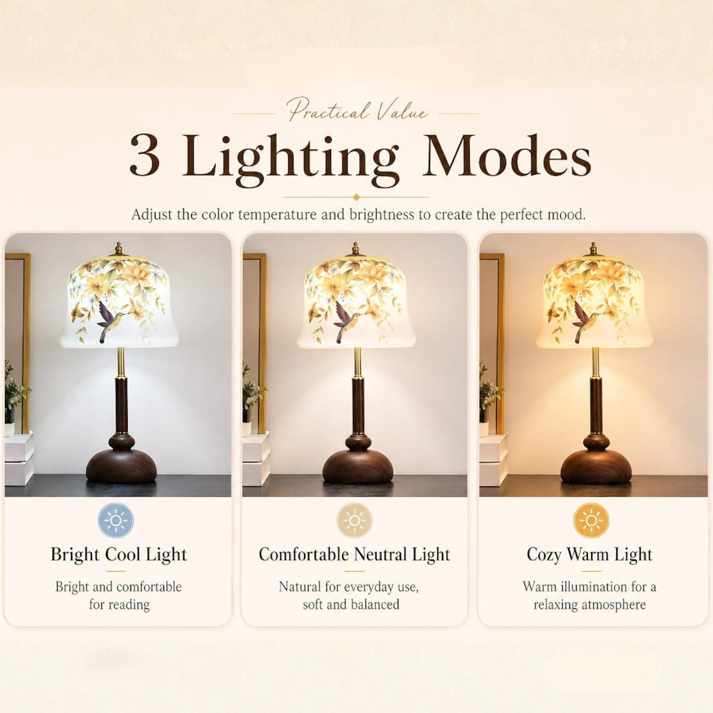Floral Hummingbird Vintage Bedside Table Lamp | 3 Light Modes | USB Powered