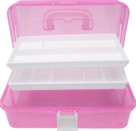 Baking Tools - 3-Layer Portable Craft Storage Box – Transparent Folding Organizer with Handle, Multipurpose (Pink)