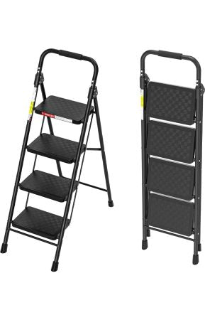 Ladder - 4-Step Foldable Ladder for Adults, Wide Anti-Slip Pedals with Cushioned Handle, 330 lb Capacity, Black