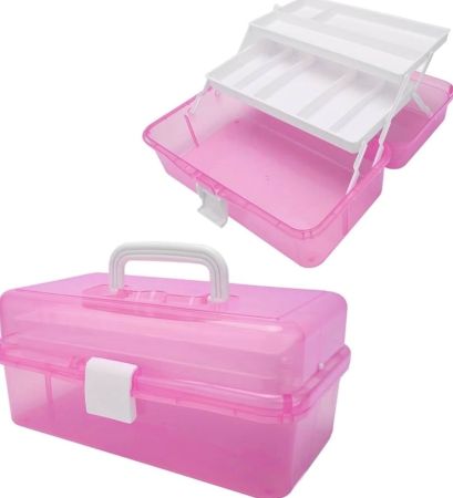 Baking Tools - 3-Layer Portable Craft Storage Box – Transparent Folding Organizer with Handle, Multipurpose (Pink)