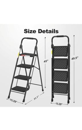 Ladder - 4-Step Foldable Ladder for Adults, Wide Anti-Slip Pedals with Cushioned Handle, 330 lb Capacity, Black