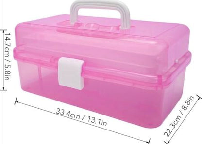 Baking Tools - 3-Layer Portable Craft Storage Box – Transparent Folding Organizer with Handle, Multipurpose (Pink)