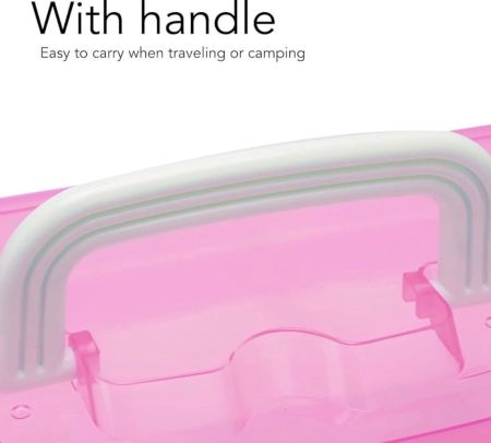 Baking Tools - 3-Layer Portable Craft Storage Box – Transparent Folding Organizer with Handle, Multipurpose (Pink)