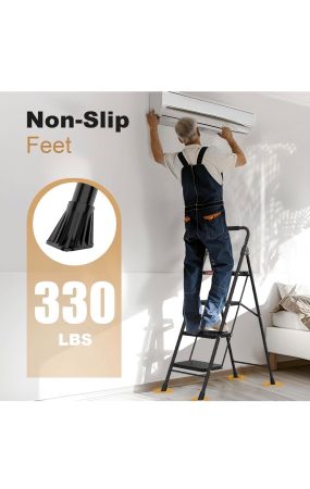 Ladder - 4-Step Foldable Ladder for Adults, Wide Anti-Slip Pedals with Cushioned Handle, 330 lb Capacity, Black