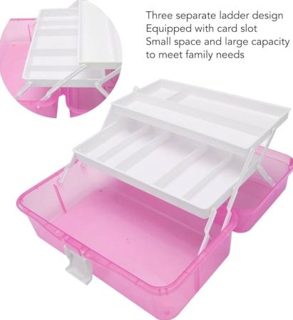 Baking Tools - 3-Layer Portable Craft Storage Box – Transparent Folding Organizer with Handle, Multipurpose (Pink)