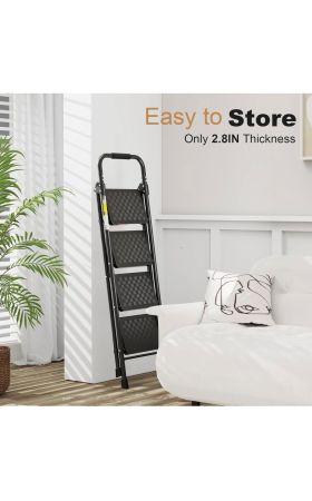 Ladder - 4-Step Foldable Ladder for Adults, Wide Anti-Slip Pedals with Cushioned Handle, 330 lb Capacity, Black