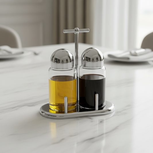Mepra 2-Piece Stainless Steel Cruet Set | Italian Oil & Vinegar Serveware