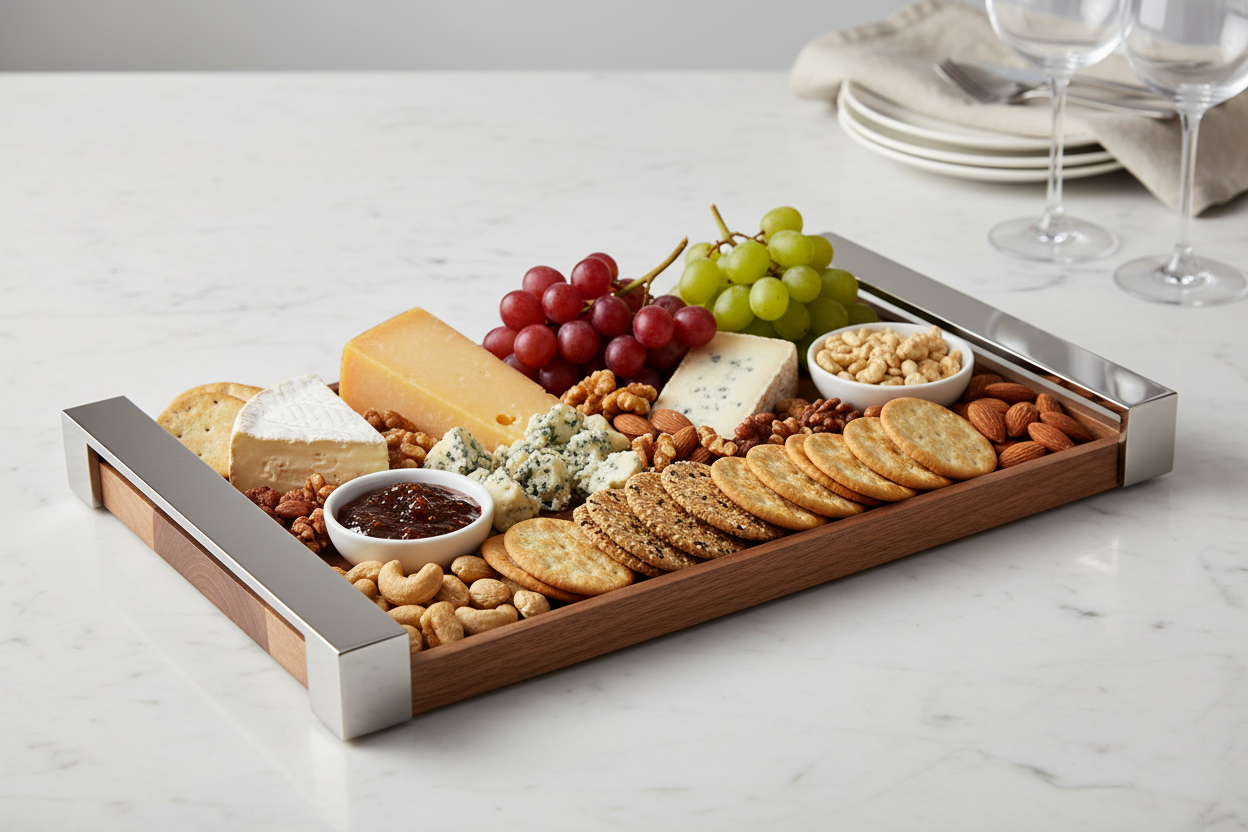 Mepra Walnut & Stainless Steel Rectangular Serving Tray 19.75" | Italian Crafted