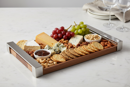 Mepra Walnut & Stainless Steel Rectangular Serving Tray 19.75" | Italian Crafted