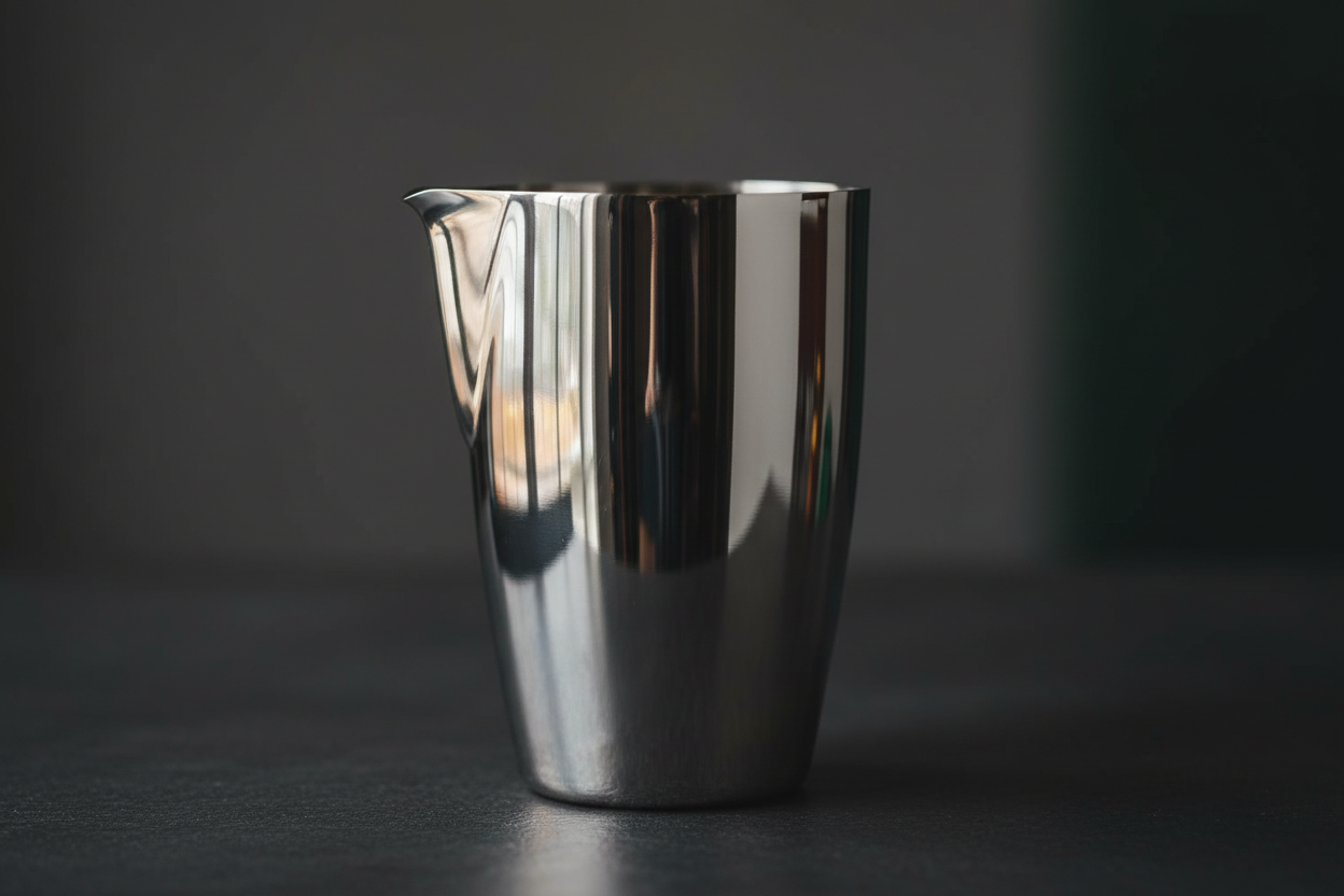 Mepra Creamer high-polish stainless steel milk jug, cylindrical form with pouring lip, front view