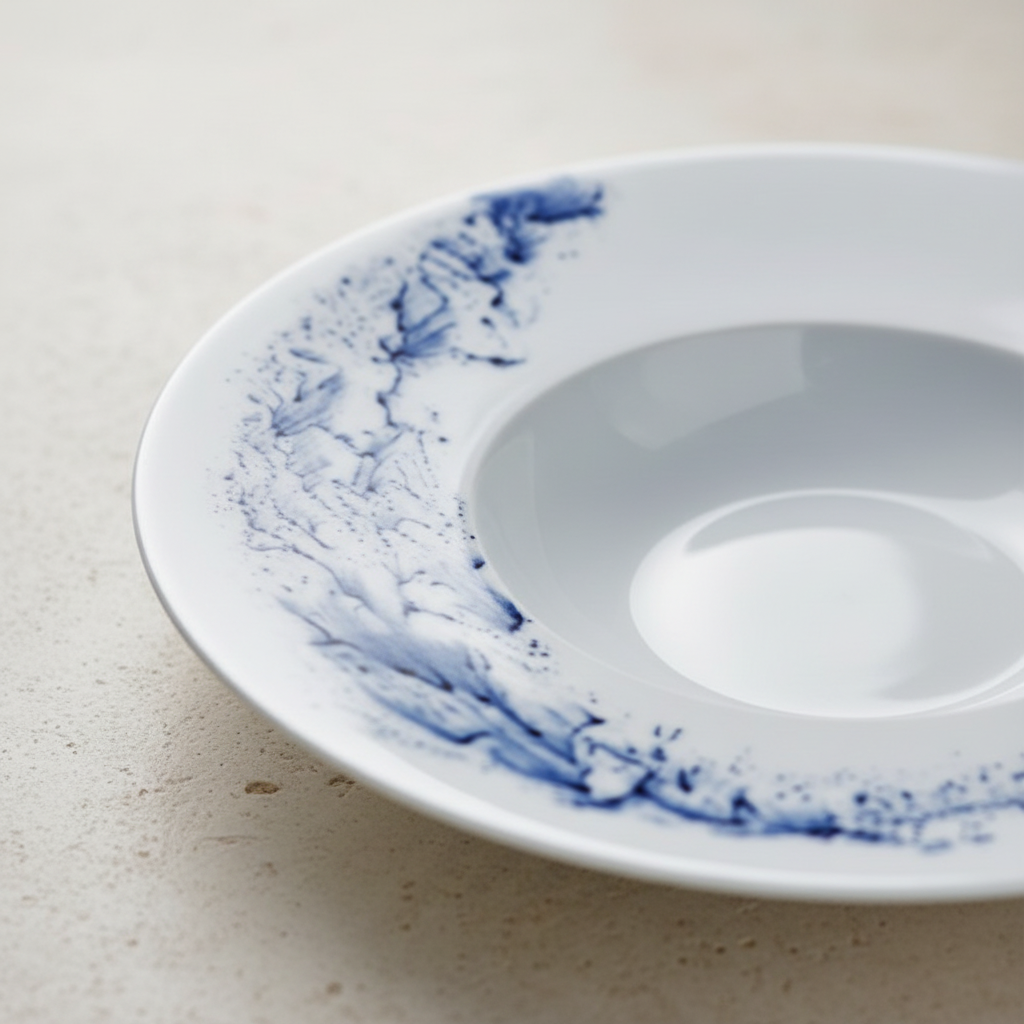 JL Coquet Blue Impression Wide Rim Soup Plate | Fine French Porcelain | 10.24"