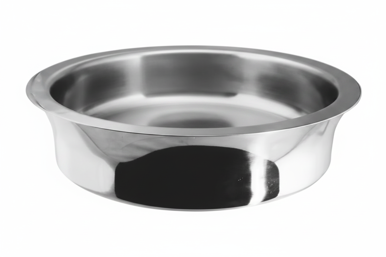 Close-up detail of Mepra yogurt cooler mirror finish and wide shallow bowl form