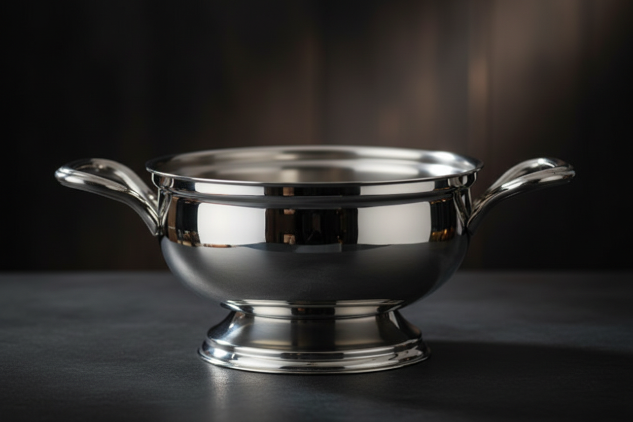 Mepra Soup Tureen 104oz showing mirror-polished exterior and elegant curved handles