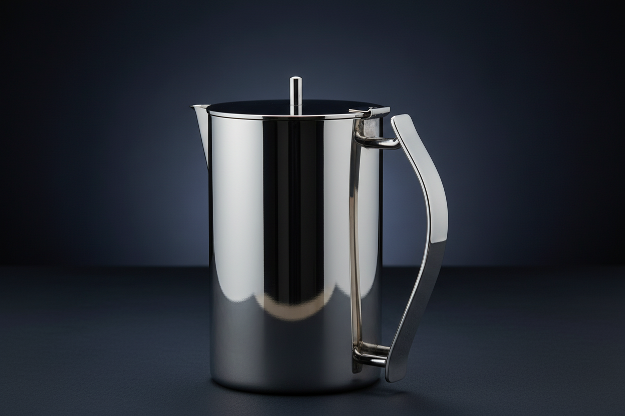 Degrenne Newport Pot 24oz showing silver-plated finish and architectural angular handle detail