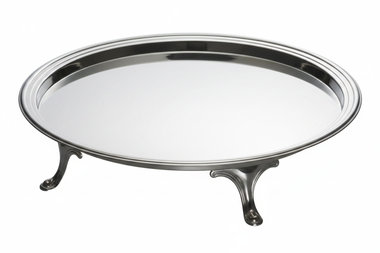 Close-up detail of Mepra footed round tray mirror finish and decorative ridged rim