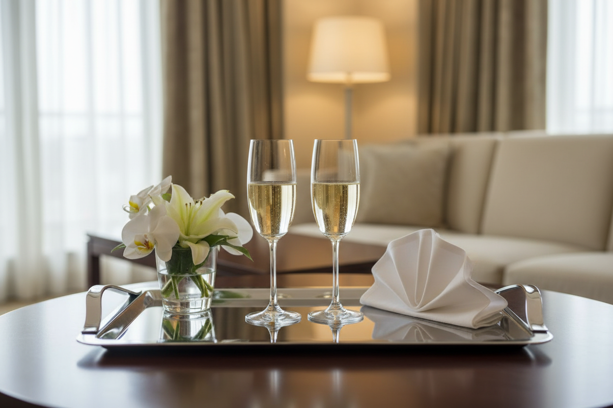 Degrenne Newport serving tray styled as in-room dining setup with champagne flutes and white flowers