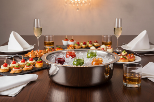 Mepra yogurt cooler styled as condiment server with ice and gourmet dipping sauces on luxury dining table