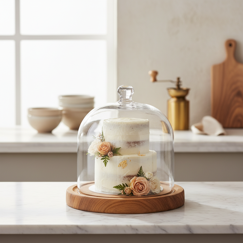 Wilmax Glass Cake Cloche with Wooden Base 10.25" – Elegant Food Display Dome