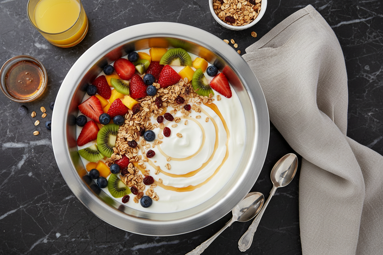 Mepra yogurt cooler overhead flat lay on dark marble with fresh fruit, honey, and granola for elegant brunch