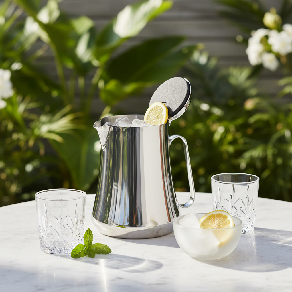 Close-up detail of Mepra water pitcher spout and handle, mirror-polished chrome stainless steel