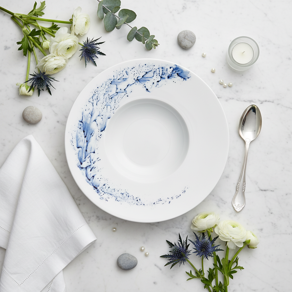 JL Coquet Blue Impression Wide Rim Soup Plate | Fine French Porcelain | 10.24"
