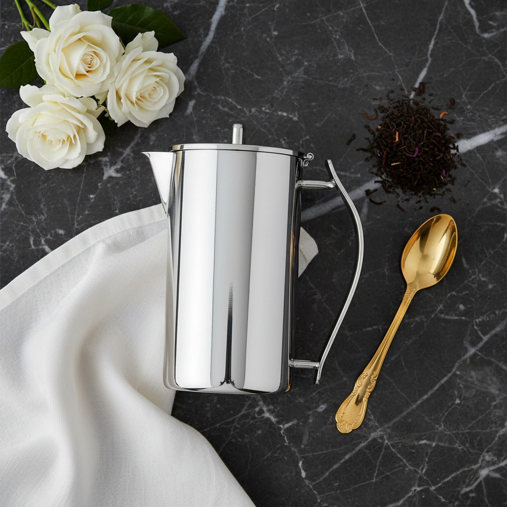 Degrenne Newport 24oz Coffee Pot overhead view showing silver-plated exterior and Art Deco proportions