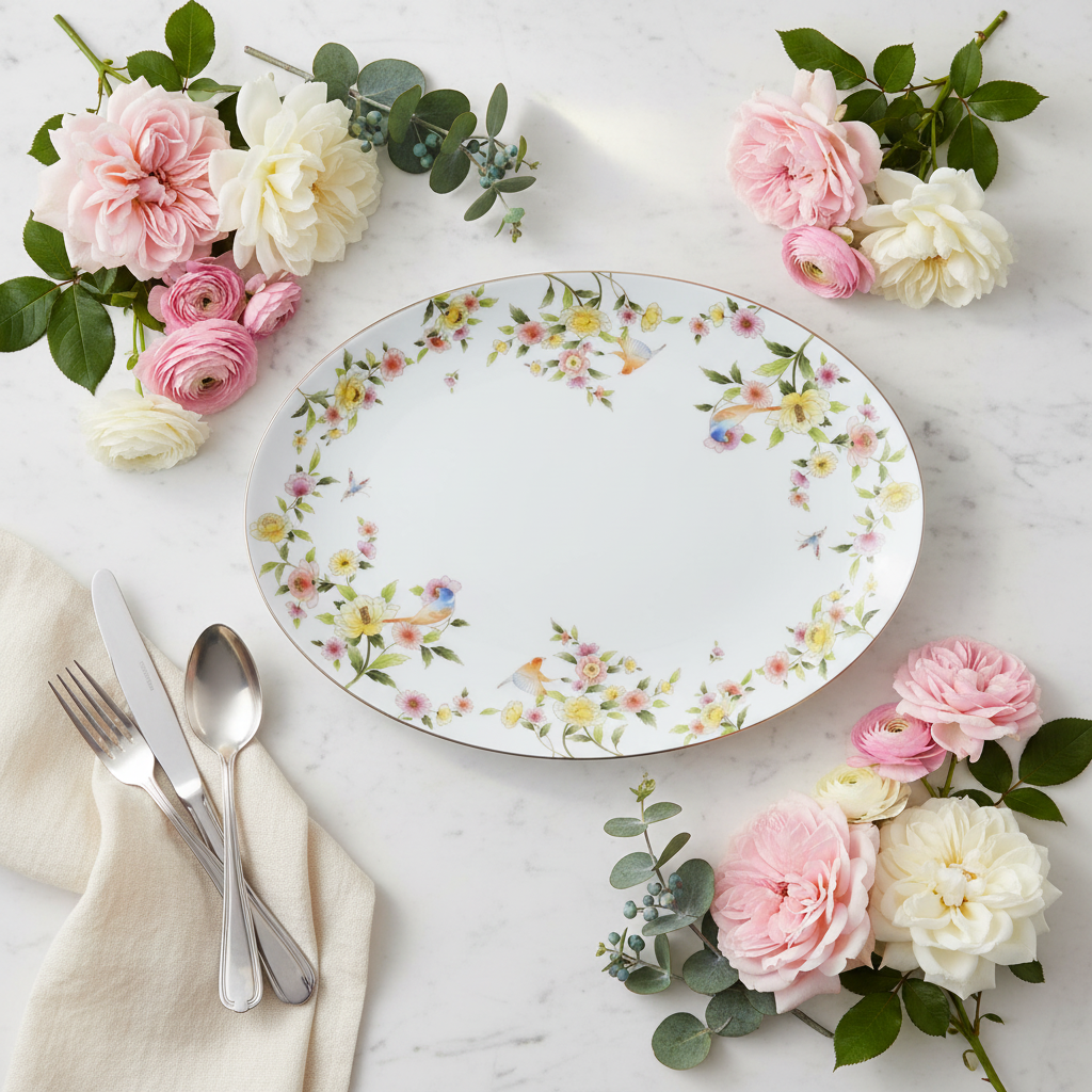 Narumi Ramage Oval Coupe Platter | Fine Porcelain | Floral & Bird Motif | 38cm