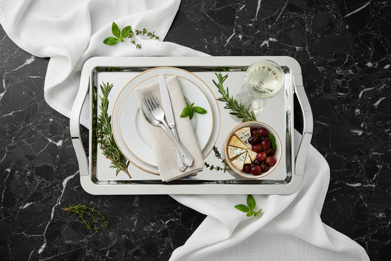 Degrenne Newport serving tray overhead flat lay on dark marble with elegant tableware and fresh herbs