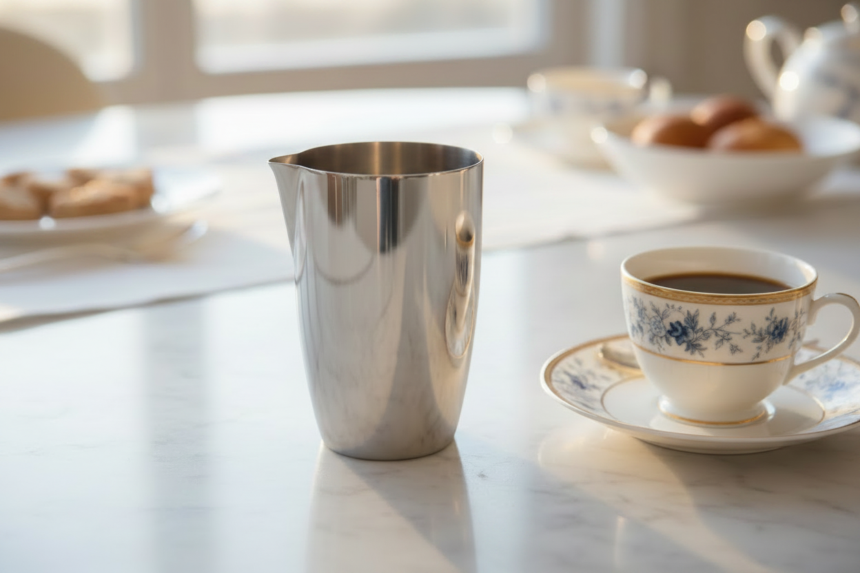 Mepra Creamer styled on luxury breakfast table beside fine china coffee cup and saucer