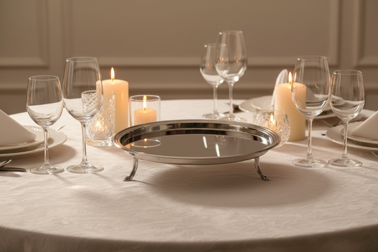 Mepra footed round tray overhead flat lay on dark marble with champagne bottle and rose petals