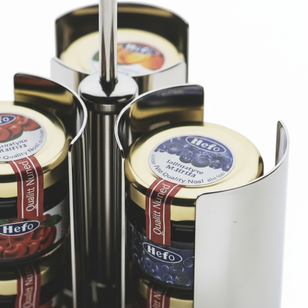 Close-up of Mepra Minima jam pack holder showing mirror-polish stainless steel finish and elegant T-bar handle
