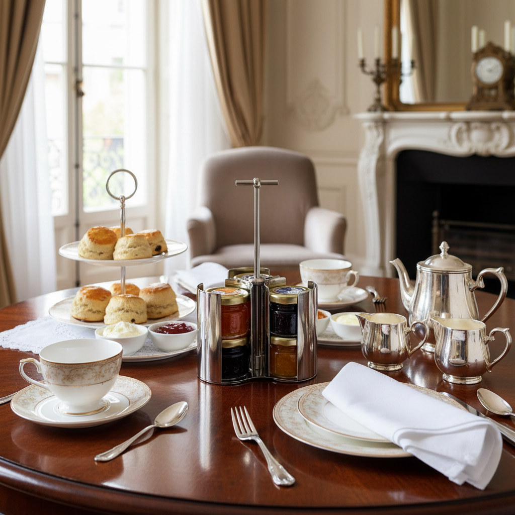 Mepra stainless steel jam holder on a luxury hotel breakfast buffet table with artisan jams and condiments