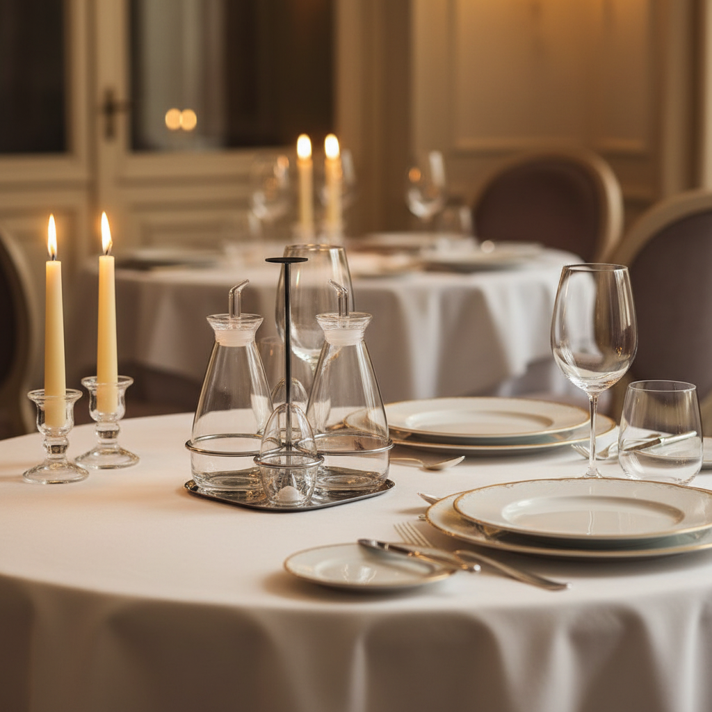Mepra Grand Hotel cruet set styled on an elegant fine dining table with white linen, candles and fine china