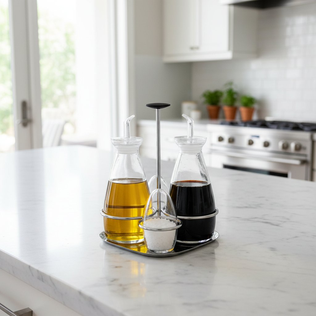 Mepra Grand Hotel cruet and salt cellar set on a marble luxury home kitchen countertop with natural daylight